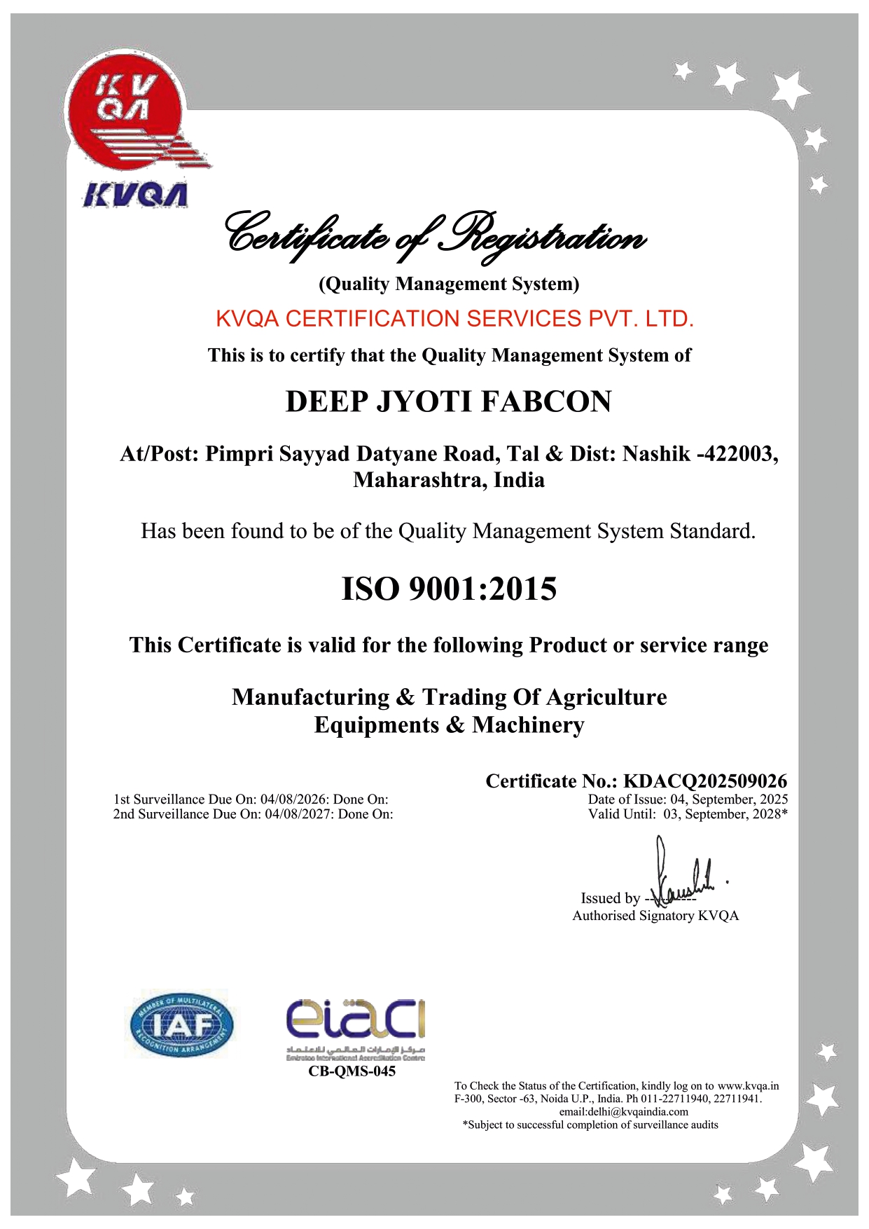 ISO 9001:2015 Certificate - Deep Jyoti Fabcon